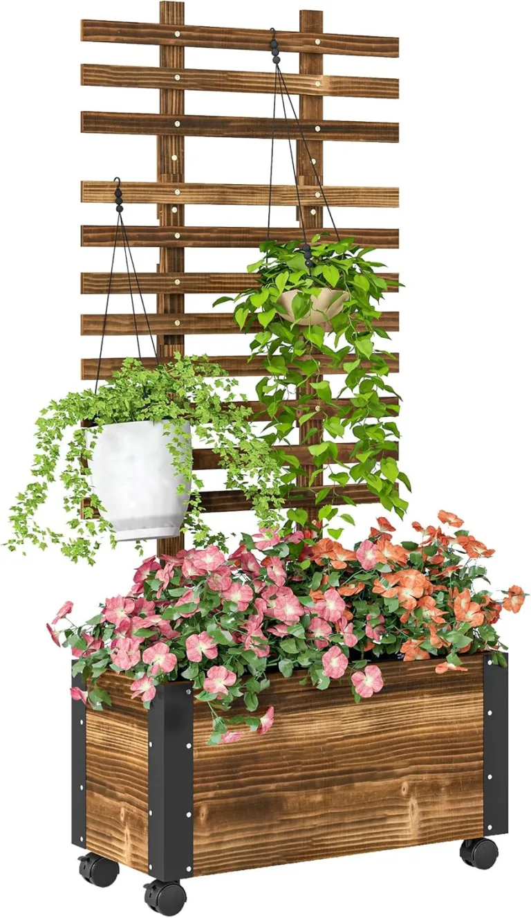 Outsunny Hochbeet Pflanzkasten mit Rankgitter, Spalier Pflanzkübel Blumenkasten Holz, Gemüsebeet mit Rollen, Rankhilfe, Gartenspalier 65x31x147cm für Garten, für Kletterpflanzen, Blumen, Verkohlt – Bild 1
