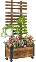 Outsunny Hochbeet Pflanzkasten mit Rankgitter, Spalier Pflanzkübel Blumenkasten Holz, Gemüsebeet mit Rollen, Rankhilfe, Gartenspalier 65x31x147cm für Garten, für Kletterpflanzen, Blumen, Verkohlt - Thumbnail 1