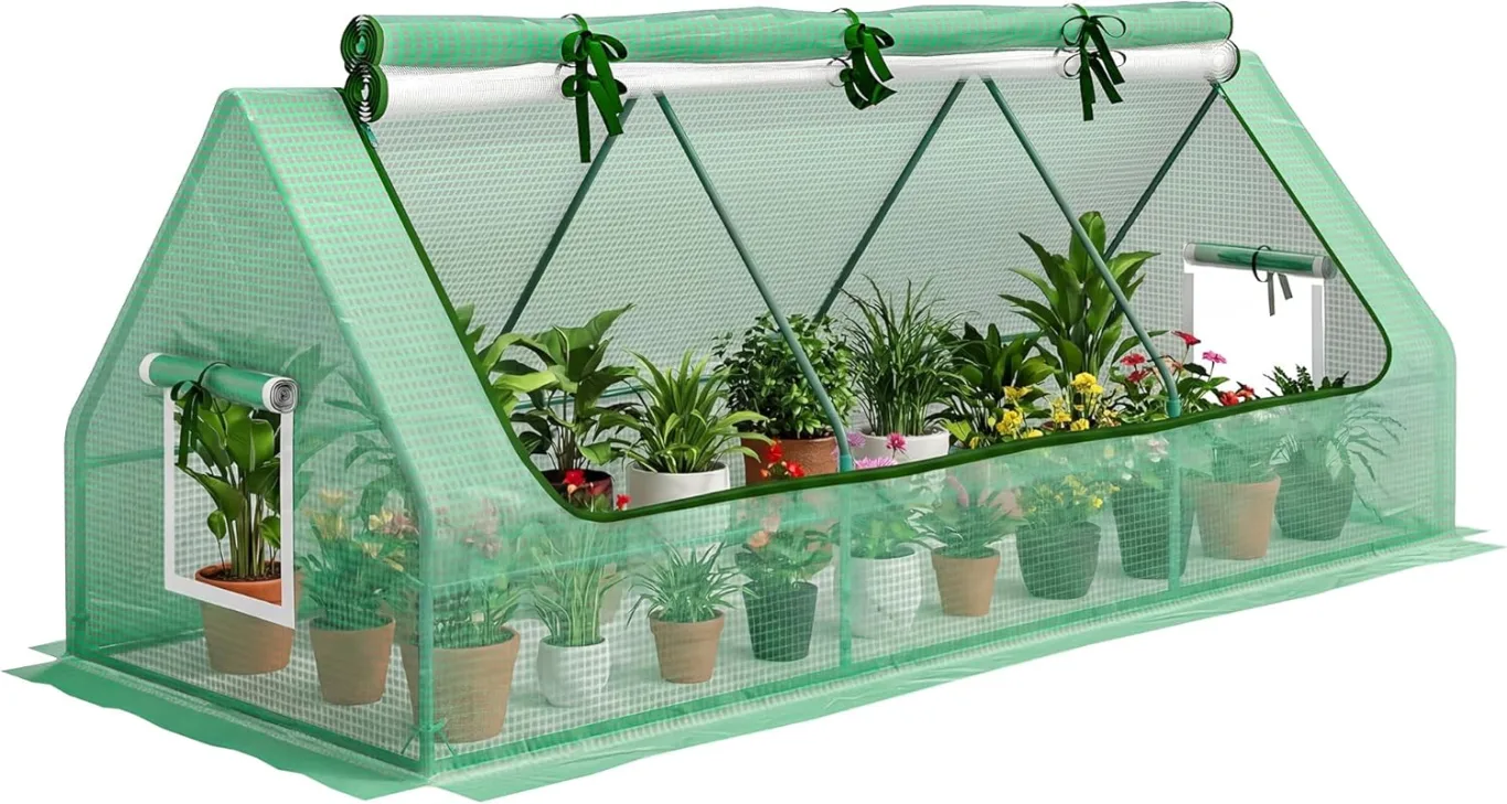 Outsunny Gewächshaus mit Fernster, PE-Gitterfolie, UV-beständige Foliengewächshaus aus Stahl, Treibhaus für Balkon, Garten 240x90x90cm, Tomatengewächshaus für Gemüse, Blumen, Pflanzen, Grün - Bild 1