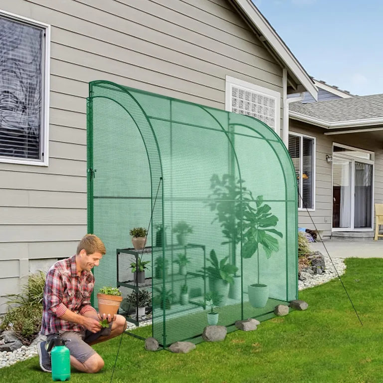COSTWAY Foliengewächshaus mit 3-stöckigem Blumenregal, Tomatengewächshaus mit PE Gitterfolie, Treibhaus mit 2 aufrollbaren Türen, Tomaten Gewächshaus, Tomatenhaus für Topfpflanzen, 200x100x215cm, Grün – Bild 9