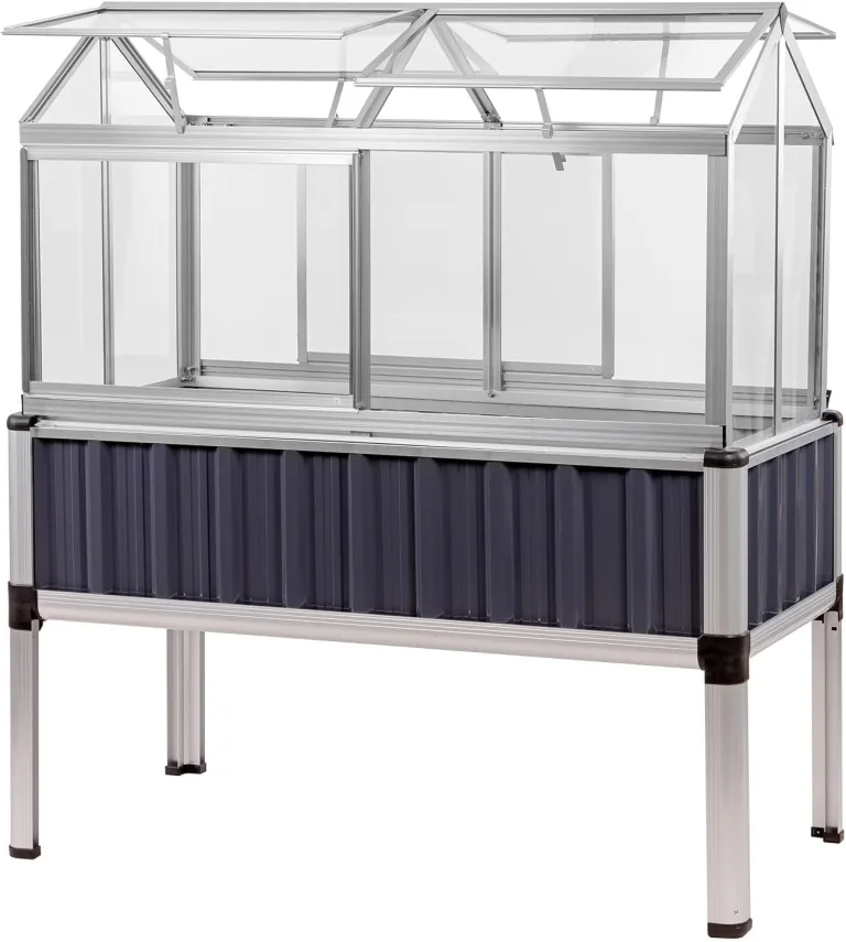 Dema Alu Hochbeet mit Gewächshausaufsatz, Frühbeetaufsatz, Treibhausaufsatz, 114x61x129 cm, 2X seitliche Schiebetüren, 4X Dachentlüftung, 3-stufig, anthrazit – Bild 2