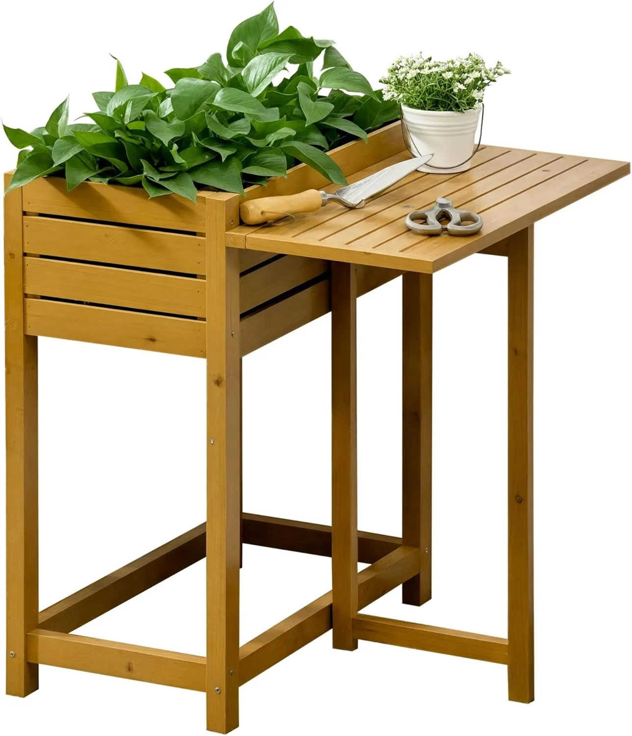 Outsunny Hochbeet Blumenkasten Pflanzkasten mit klappbarer Tischplatte, Kräuterbeet mit Innenverkleidung aus Vlies, für Garten, Terrasse, Holz, Braun, 64 x 63 x 74,5 cm - Bild 1