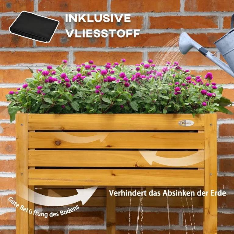 Outsunny Hochbeet Blumenkasten Pflanzkasten mit klappbarer Tischplatte, Kräuterbeet mit Innenverkleidung aus Vlies, für Garten, Terrasse, Holz, Braun, 64 x 63 x 74,5 cm – Bild 5