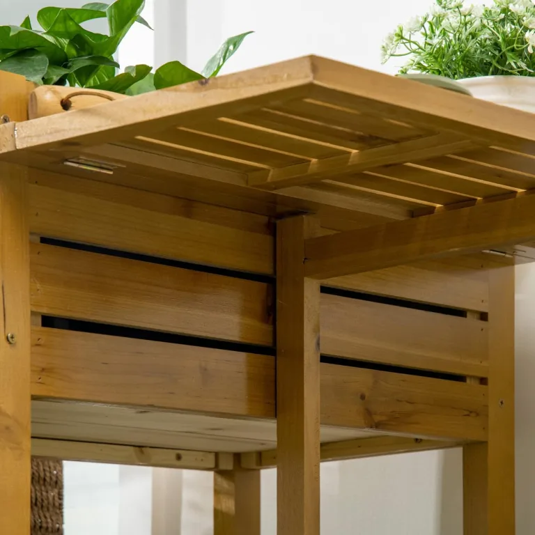 Outsunny Hochbeet Blumenkasten Pflanzkasten mit klappbarer Tischplatte, Kräuterbeet mit Innenverkleidung aus Vlies, für Garten, Terrasse, Holz, Braun, 64 x 63 x 74,5 cm – Bild 7