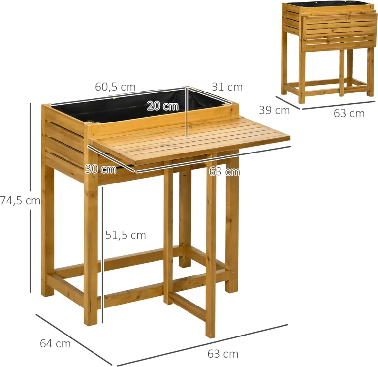 Outsunny Hochbeet Blumenkasten Pflanzkasten mit klappbarer Tischplatte, Kräuterbeet mit Innenverkleidung aus Vlies, für Garten, Terrasse, Holz, Braun, 64 x 63 x 74,5 cm – Bild 8
