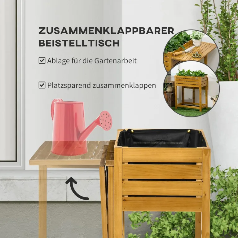 Outsunny Hochbeet Blumenkasten Pflanzkasten mit klappbarer Tischplatte, Kräuterbeet mit Innenverkleidung aus Vlies, für Garten, Terrasse, Holz, Braun, 64 x 63 x 74,5 cm – Bild 4
