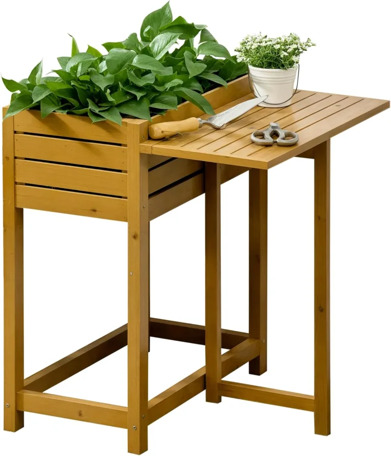 Outsunny Hochbeet Blumenkasten Pflanzkasten mit klappbarer Tischplatte, Kräuterbeet mit Innenverkleidung aus Vlies, für Garten, Terrasse, Holz, Braun, 64 x 63 x 74,5 cm – Bild 1