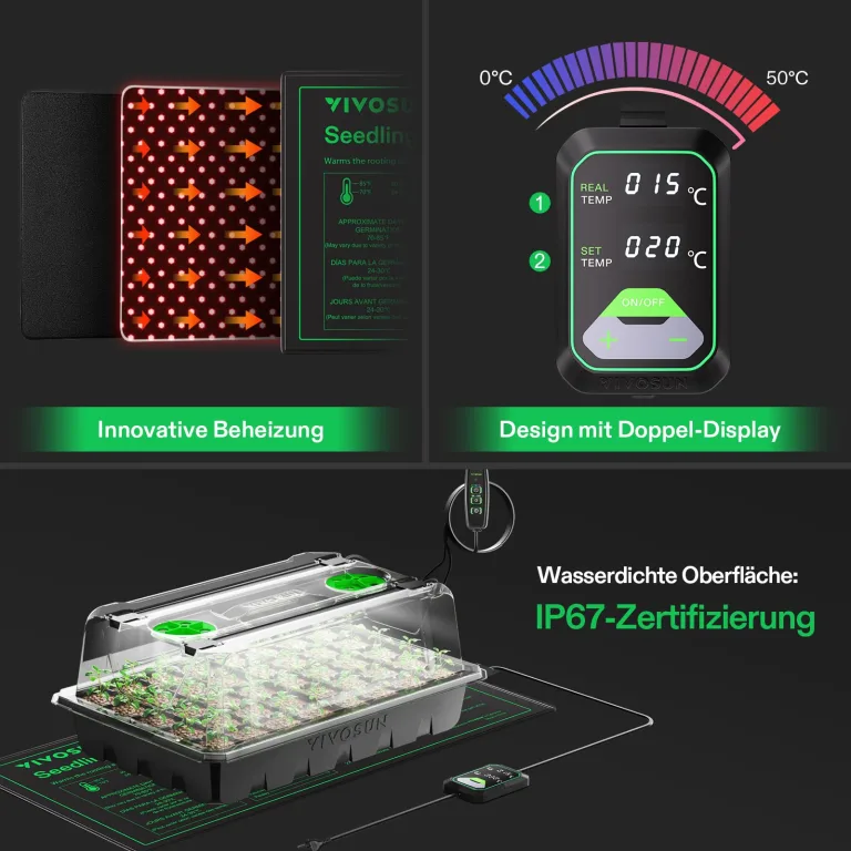 VIVOSUN Anzuchtset mit 40-Zellen-Starter-Tablett, LED-Pflanzenlicht und 25×52cm Heizmatte, Mini-Gewächshaus mit 9cm hoher Haube, Verstellbarer Belüftung und Abflusslöchern für Sämlinge – Bild 4