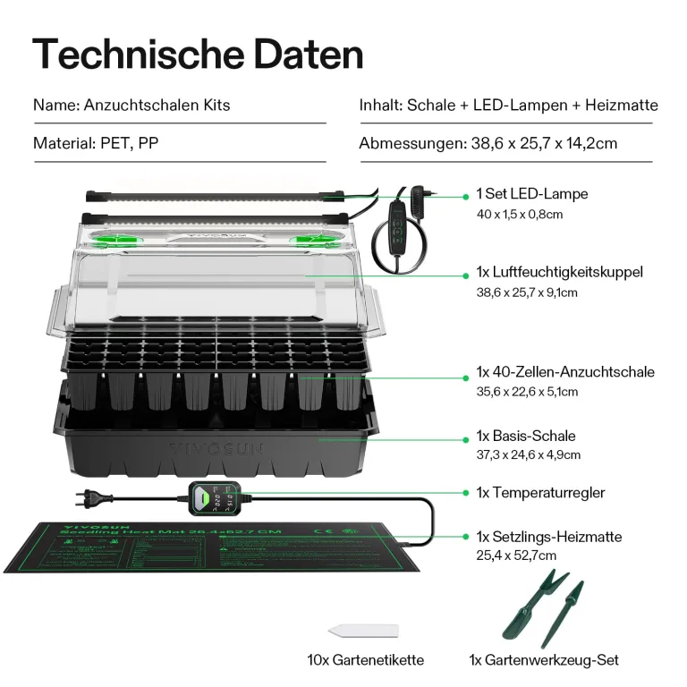 VIVOSUN Anzuchtset mit 40-Zellen-Starter-Tablett, LED-Pflanzenlicht und 25×52cm Heizmatte, Mini-Gewächshaus mit 9cm hoher Haube, Verstellbarer Belüftung und Abflusslöchern für Sämlinge – Bild 6