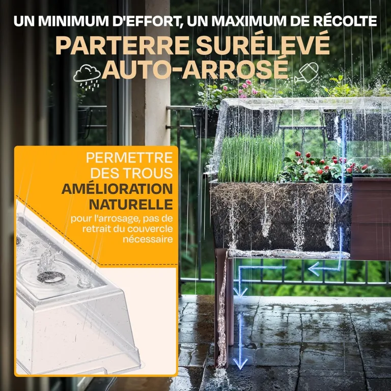 Ondis24 Garten Hochbeet Blumenkübel Victoria für Balkon, Pflanzkasten mit Gewächshaus, Volumen 50 L, Wasserspeicher, Tröpfchenbewässerung, abnehmbare Füße, Outdoor geeignet (Braun) – Bild 3