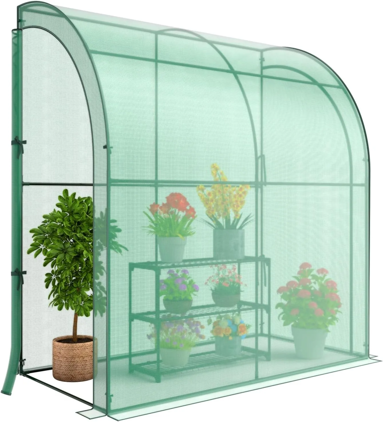 GOPLUS Gewächshaus, Foliengewächshaus mit 3-stöckigem Blumenregal & PE-Gitterabdeckung, Tomatengewächshaus mit 2 Rolltüren, Tomatenhaus Treibhaus Wandgewächshaus, 198,5 x 98 x 215 cm, Grün - Bild 1
