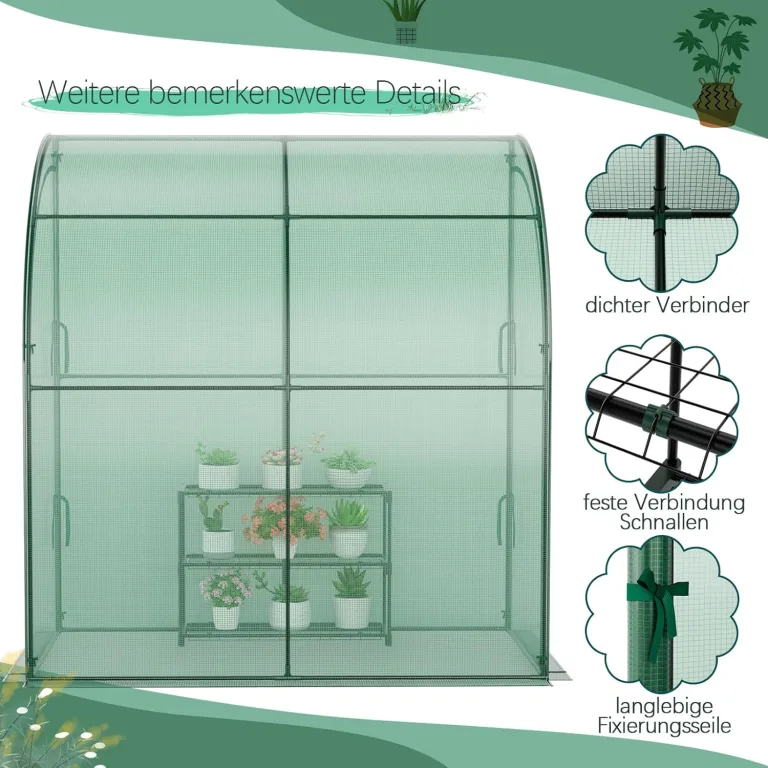 GOPLUS Gewächshaus, Foliengewächshaus mit 3-stöckigem Blumenregal & PE-Gitterabdeckung, Tomatengewächshaus mit 2 Rolltüren, Tomatenhaus Treibhaus Wandgewächshaus, 198,5 x 98 x 215 cm, Grün – Bild 8