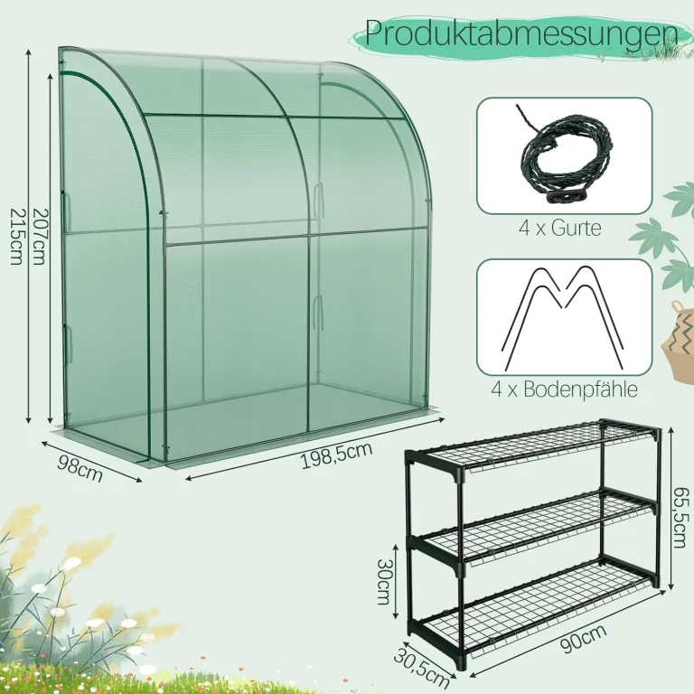 GOPLUS Gewächshaus, Foliengewächshaus mit 3-stöckigem Blumenregal & PE-Gitterabdeckung, Tomatengewächshaus mit 2 Rolltüren, Tomatenhaus Treibhaus Wandgewächshaus, 198,5 x 98 x 215 cm, Grün – Bild 3