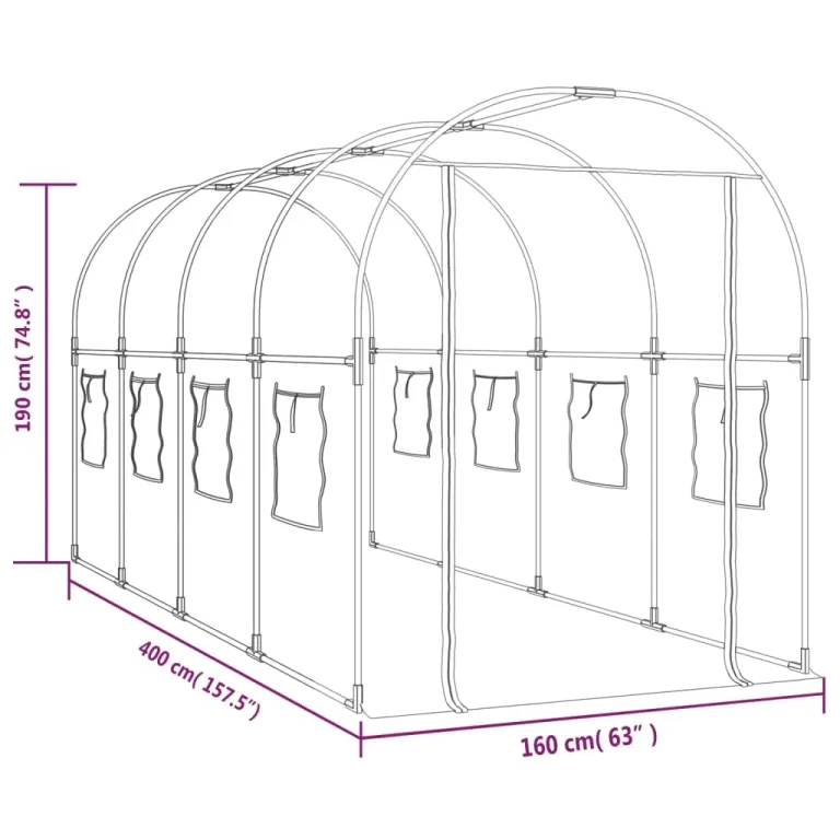vidaXL Gewächshaus, Gartenhaus mit Abdeckung, Treibhaus mit Rollfenster Rolltür, Tomatenhaus Pflanzenhaus, Transparent 160x400x190cm PVC Stahl – Bild 4