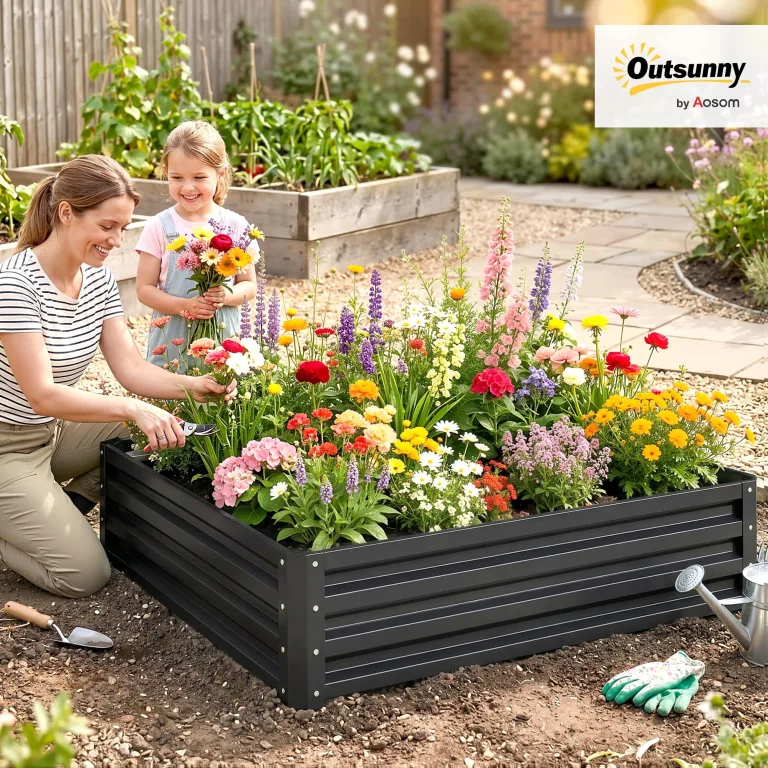 Outsunny Hochbeet, Blumenkasten, Gemüsebeet, Pflanzkasten, Kräuterbeet für Garten, Terrasse, Balkon, Stahl, Grau, 120 x 120 x 30 cm – Bild 2