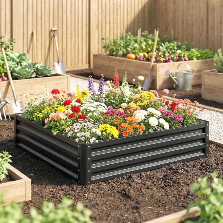 Outsunny Hochbeet, Blumenkasten, Gemüsebeet, Pflanzkasten, Kräuterbeet für Garten, Terrasse, Balkon, Stahl, Grau, 120 x 120 x 30 cm – Bild 6