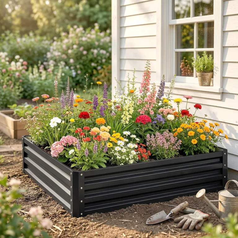 Outsunny Hochbeet, Blumenkasten, Gemüsebeet, Pflanzkasten, Kräuterbeet für Garten, Terrasse, Balkon, Stahl, Grau, 120 x 120 x 30 cm – Bild 9