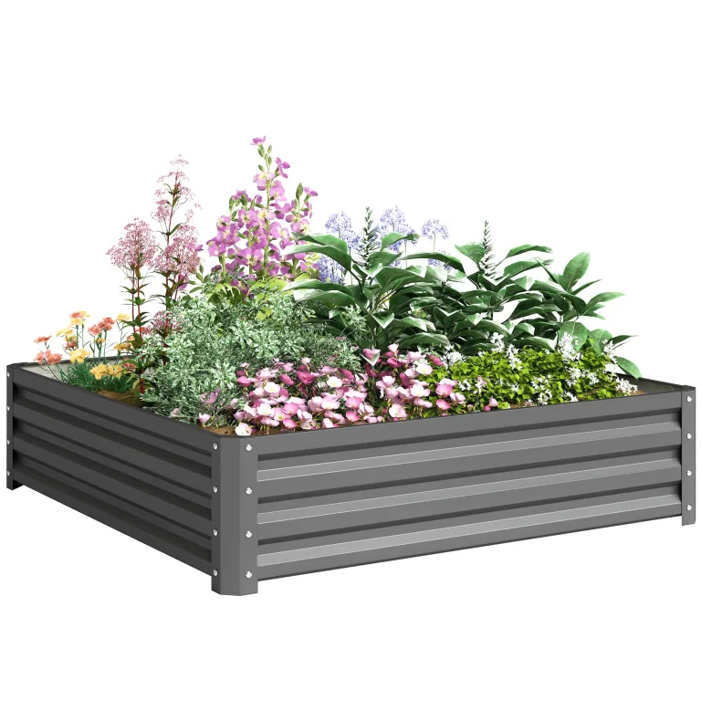 Outsunny Hochbeet, Blumenkasten, Gemüsebeet, Pflanzkasten, Kräuterbeet für Garten, Terrasse, Balkon, Stahl, Grau, 120 x 120 x 30 cm – Bild 10