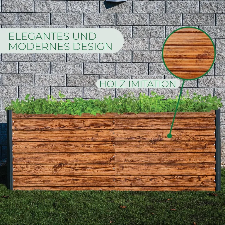 STREND PRO Hochbeet Metall 200x100x77 cm (LxBxH) Holz Imitation | Pflanzkasten Holz Effekt | Blumenkasten Holz Effekt | Garten Pflanzkasten Hoch | Gemüsebeet | Gartenbeet | Hochbeet Balkon Pflanzbeet – Bild 3
