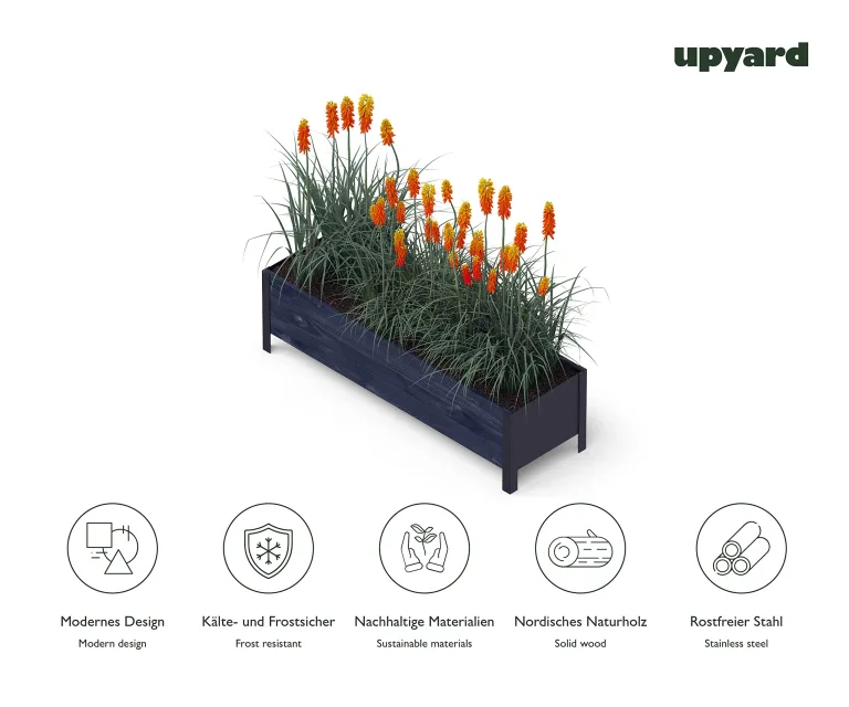 Upyard Holz Hochbeet für Garten, Terrasse und Balkon - Blumenkasten mit Innenvlies und wasserdichter Kunststoffeinlage - Pflanzkasten für Innen- und Außenbereich, 118x36x32, Schwarz – Bild 5