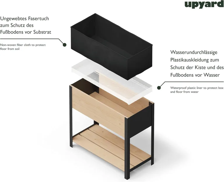 Upyard Holz Hochbeet für Garten, Terrasse und Balkon - Blumenkasten mit Innenvlies und wasserdichter Kunststoffeinlage - Pflanzkasten für Innen- und Außenbereich, 78x36x72, Braun – Bild 3
