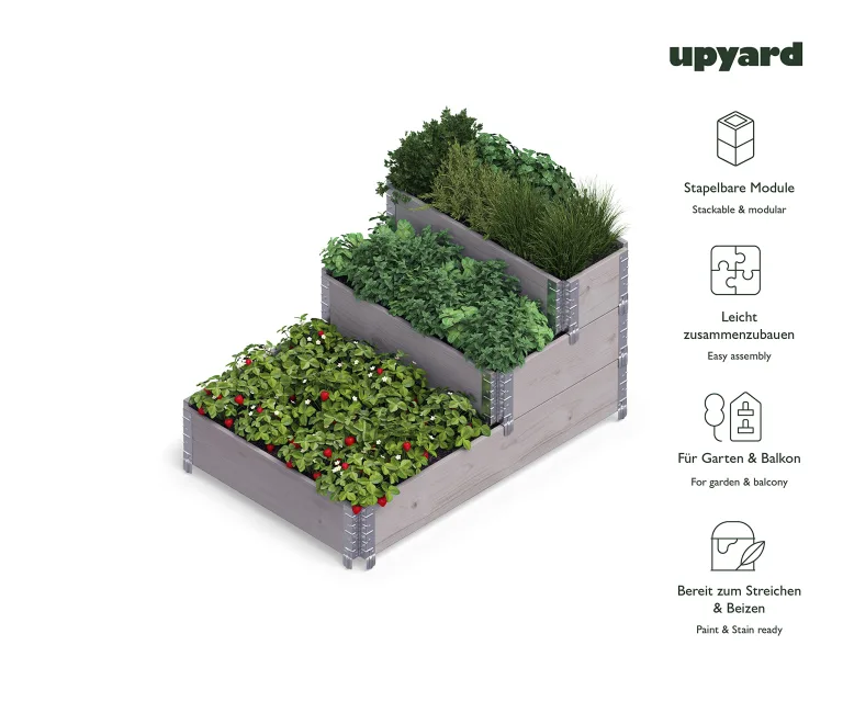 Upyard Stepped Bed - modernes Hochbeet aus Palettenrahmen - modulares, mehrstufiges Hochbeet aus Naturholz für Garten und Terrasse, 120x80x58,5, Grau – Bild 3