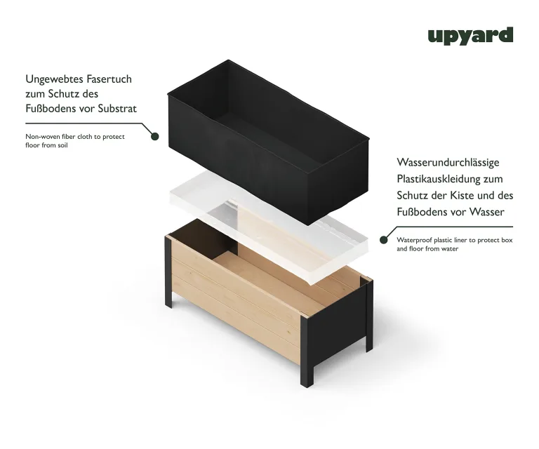Upyard Holz Hochbeet für Garten, Terrasse und Balkon - Blumenkasten mit Innenvlies und wasserdichter Kunststoffeinlage - Pflanzkasten für Innen- und Außenbereich, 118x36x32, Braun – Bild 3