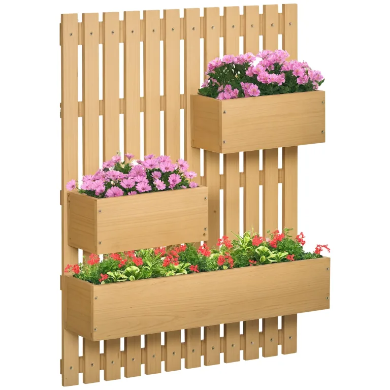 Outsunny Hochbeet Massivholz, Pflanzbeet Frühbeet Gartenbeet mit verstellbarem Blumenkasten, Wand, Pflanzkasten Pflanzkübel 60x16x80cm für Terrasse, Balkon, Gartenspalier für Blumen Pflanzen Naturholz – Bild 1