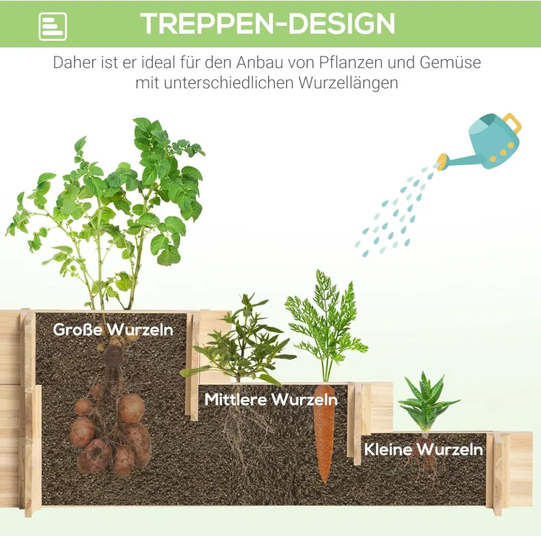 Outsunny Hochbeet Holz, 3-stufige Pflanzbeet, Frühbeet mit Stoffauskleidung, Gartenbeet Blumenkasten Gemüsebeet 93x93x35cm für Balkon, Garten, Pflanzkasten für Blumen, Gemüse, Kräuter, Natur – Bild 5