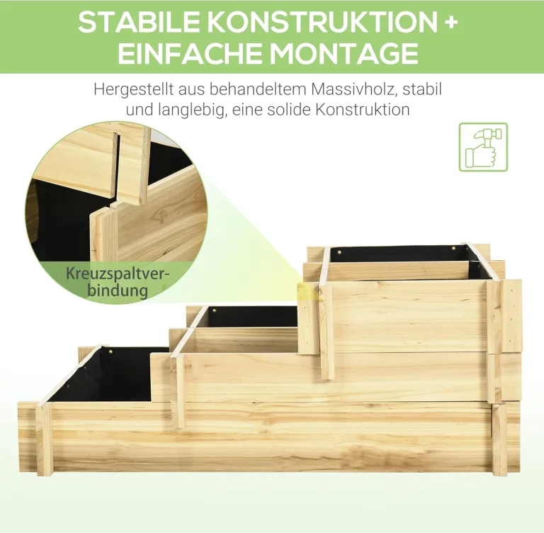 Outsunny Hochbeet Holz, 3-stufige Pflanzbeet, Frühbeet mit Stoffauskleidung, Gartenbeet Blumenkasten Gemüsebeet 93x93x35cm für Balkon, Garten, Pflanzkasten für Blumen, Gemüse, Kräuter, Natur – Bild 6
