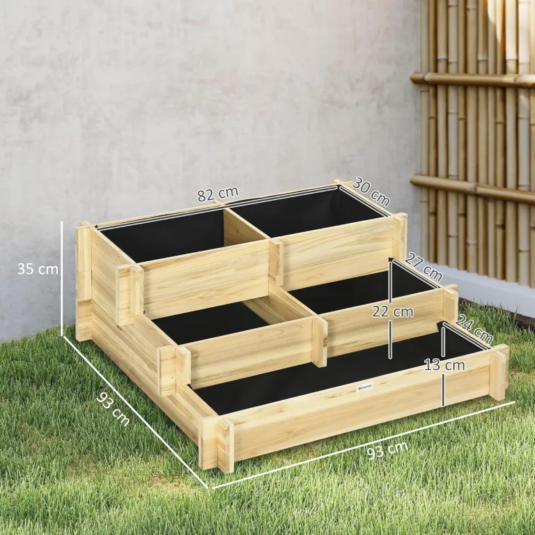 Outsunny Hochbeet Holz, 3-stufige Pflanzbeet, Frühbeet mit Stoffauskleidung, Gartenbeet Blumenkasten Gemüsebeet 93x93x35cm für Balkon, Garten, Pflanzkasten für Blumen, Gemüse, Kräuter, Natur – Bild 8