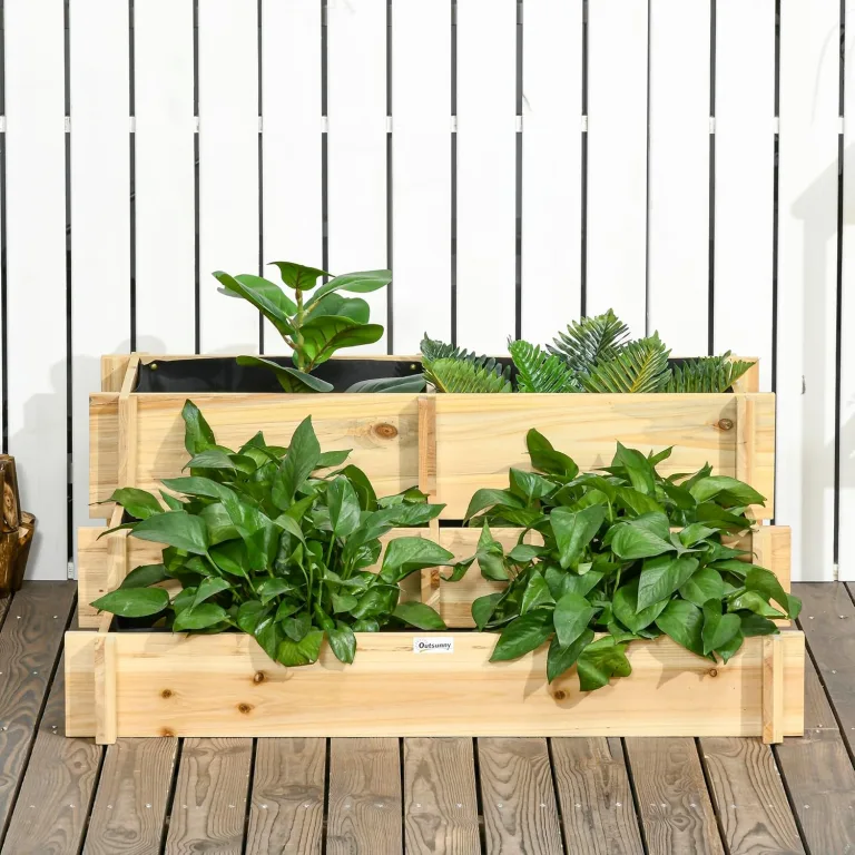 Outsunny Hochbeet Holz, 3-stufige Pflanzbeet, Frühbeet mit Stoffauskleidung, Gartenbeet Blumenkasten Gemüsebeet 93x93x35cm für Balkon, Garten, Pflanzkasten für Blumen, Gemüse, Kräuter, Natur – Bild 9