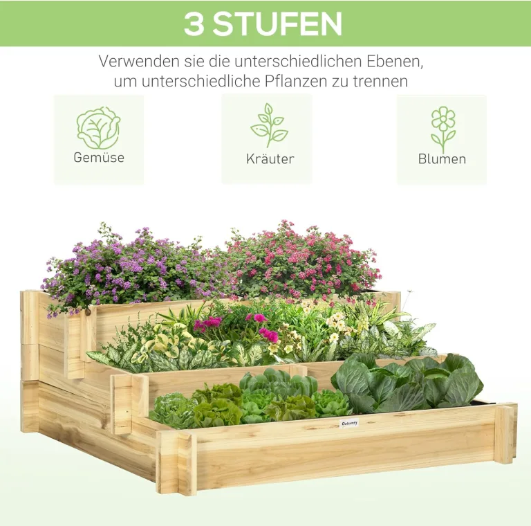 Outsunny Hochbeet Holz, 3-stufige Pflanzbeet, Frühbeet mit Stoffauskleidung, Gartenbeet Blumenkasten Gemüsebeet 93x93x35cm für Balkon, Garten, Pflanzkasten für Blumen, Gemüse, Kräuter, Natur – Bild 4
