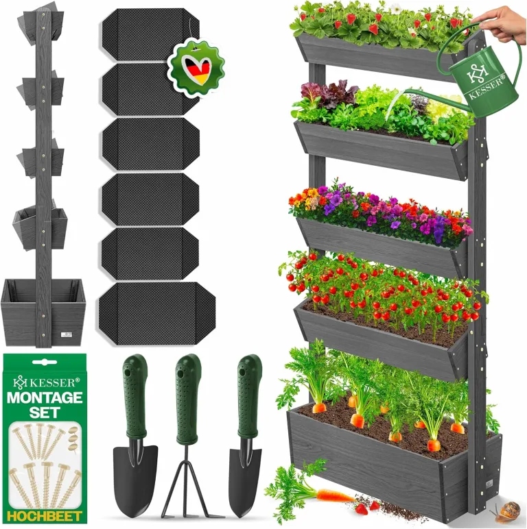 KESSER® Hochbeet mit 5 Etagen Premium Blumenkasten Blumentreppe Pflanztreppe Gemüsebeet Kräuterbeet Pflanzkübel Frühbeet Blumenbeet Pflanzkasten mit Gartenvlies - Beet inkl. Schaufelset, Braun – Bild 9