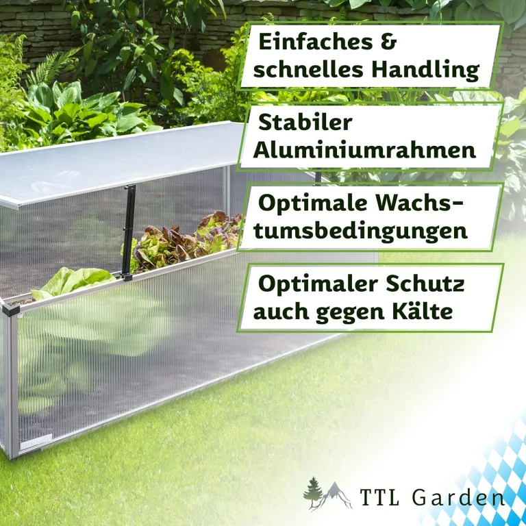 TTL Garden Frühbeet Aufsatz 100x60x40cm Alu & Polycarbonat - Hochbeet Kasten Mini Gewächshaus Frühbeetkasten 100 cm lang 60 cm breit, Wärme & Schutz für Pflanzen im Frühjahr, Deckel einstellbar – Bild 6