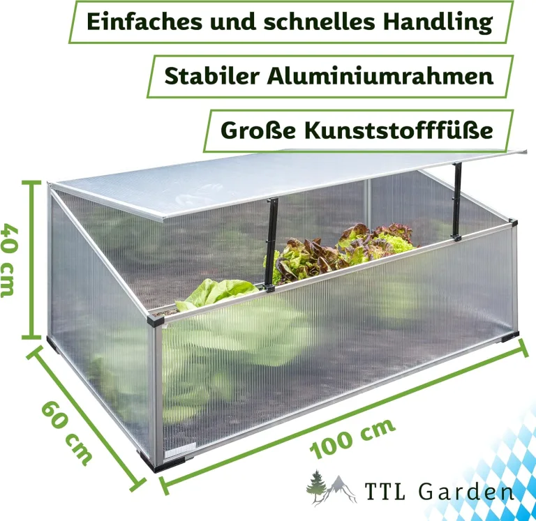TTL Garden Frühbeet Aufsatz 100x60x40cm Alu & Polycarbonat - Hochbeet Kasten Mini Gewächshaus Frühbeetkasten 100 cm lang 60 cm breit, Wärme & Schutz für Pflanzen im Frühjahr, Deckel einstellbar – Bild 4