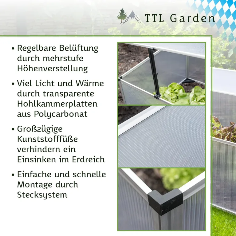 TTL Garden Frühbeet Aufsatz 100x60x40cm Alu & Polycarbonat - Hochbeet Kasten Mini Gewächshaus Frühbeetkasten 100 cm lang 60 cm breit, Wärme & Schutz für Pflanzen im Frühjahr, Deckel einstellbar – Bild 5
