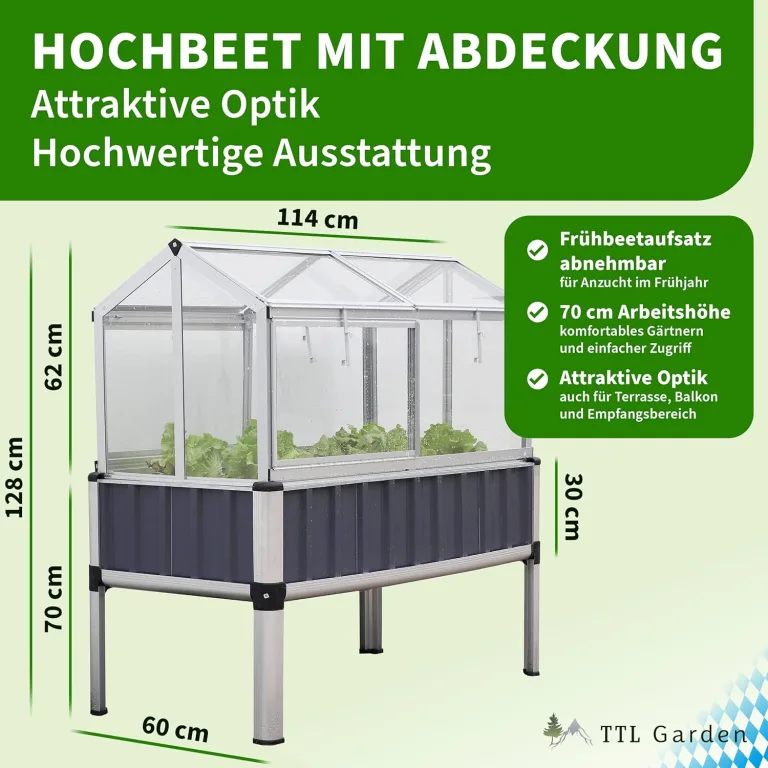 TTL Garden „Superior“ Alu Hochbeet mit Frühbeet Aufsatz - 128x114x60cm großes hochwertiges Aluminium Hochbeet mit Gewächshaus Abdeckung mehrteilige Türen & Dach aus durchsichtigem Polycarbonat – Bild 2