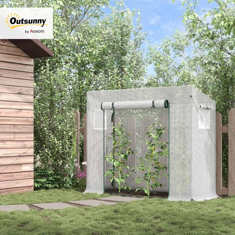 Outsunny Gewächshaus mit Fernster, PE-Gitterfolie, Foliengewächshaus aus Stahl, Treibhaus für Balkon, Garten, Tomatenhaus 200x68x196cm, Tomatengewächshaus für Gemüse, Blumen, Pflanzen, Weiß – Bild 2