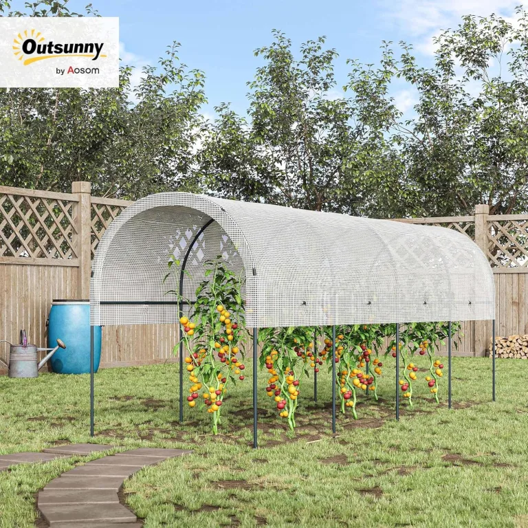 Outsunny Gewächshaus mit PE-Gitterfolie, Winterfest Foliengewächshaus aus Stahl, Treibhaus für Balkon, Garten, 400x120x170cm, Tomatenhaus für Tomaten, Gemüse, Blumen, Pflanzen, Weiß – Bild 2