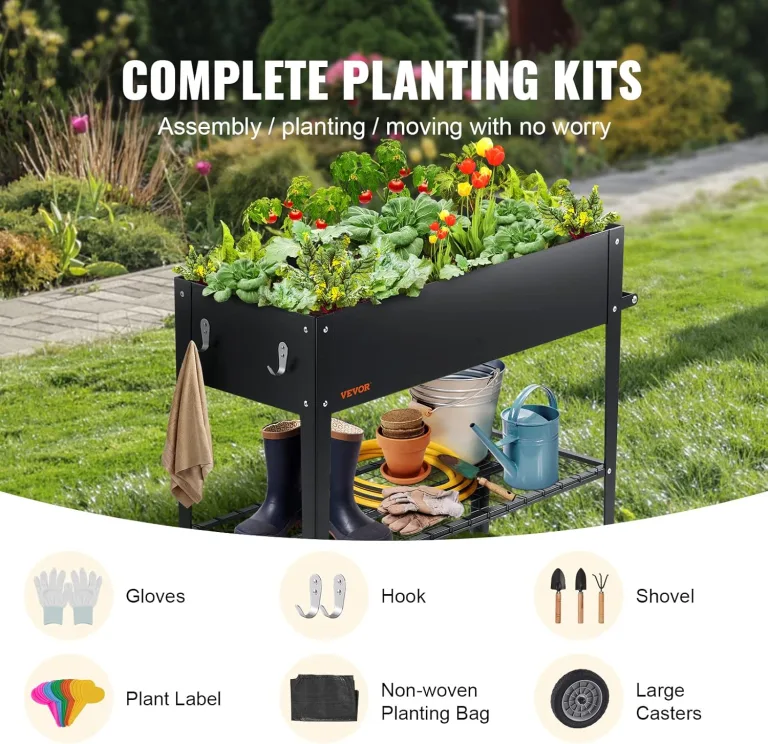 VEVOR Hochbeet mit Rädern Pflanzkübel Blumenkasten Garten Pflanzkasten Terrassen Gemüsebeet Gartenbeet Pflanzbeet Schwarz 108x49,5x80cm verzinktem Stahl ideal für den Anbau von Gemüse Obst Kräutern – Bild 3