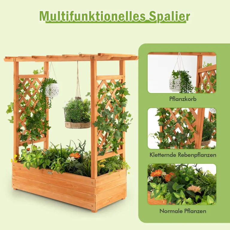 COSTWAY Blumenkasten mit Rankgitter & hängendem Dach, Pflanzkasten mit Rankhilfe, Hochbeet für Kletterpflanzen & hängende Körbe, für Garten Hof Terrasse, Pflanzkübel Holz, 110x44x113,5cm, Orange – Bild 3
