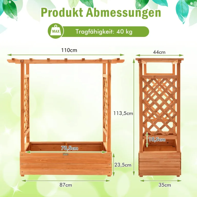 COSTWAY Blumenkasten mit Rankgitter & hängendem Dach, Pflanzkasten mit Rankhilfe, Hochbeet für Kletterpflanzen & hängende Körbe, für Garten Hof Terrasse, Pflanzkübel Holz, 110x44x113,5cm, Orange – Bild 6