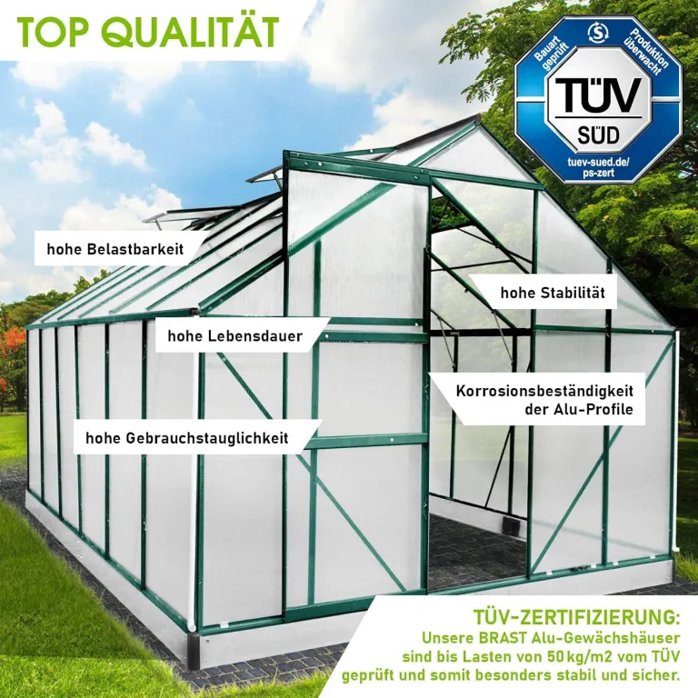 BRAST Gewächshaus Aluminium mit Fundament | 42 Modelle | 130x190x195cm - 490x250x235cm | TÜV geprüft | 6mm Hohlkammerplatten | rostfrei wetterfest temperaturbeständig | 380x250x205cm Grün – Bild 4