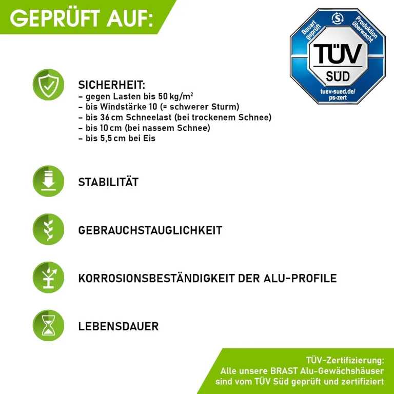 BRAST Gewächshaus Aluminium mit Fundament | 42 Modelle | 130x190x195cm - 490x250x235cm | TÜV geprüft | 6mm Hohlkammerplatten | rostfrei wetterfest temperaturbeständig | 380x250x205cm Grün – Bild 5