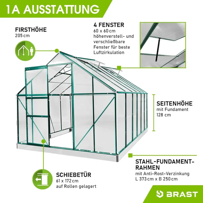 BRAST Gewächshaus Aluminium mit Fundament | 42 Modelle | 130x190x195cm - 490x250x235cm | TÜV geprüft | 6mm Hohlkammerplatten | rostfrei wetterfest temperaturbeständig | 380x250x205cm Grün – Bild 7