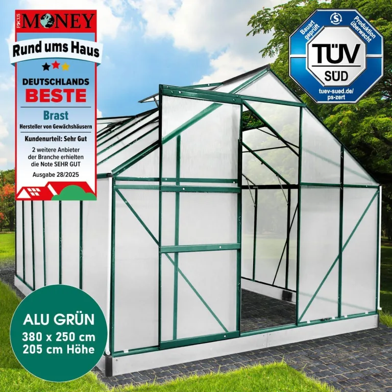 BRAST Gewächshaus Aluminium mit Fundament | 42 Modelle | 130x190x195cm - 490x250x235cm | TÜV geprüft | 6mm Hohlkammerplatten | rostfrei wetterfest temperaturbeständig | 380x250x205cm Grün – Bild 3