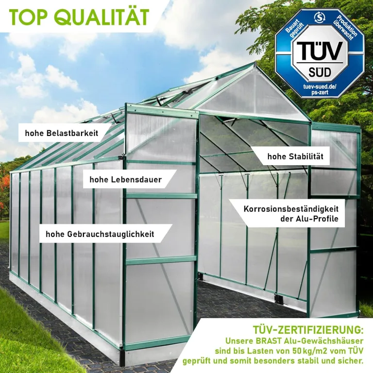 BRAST Gewächshaus Aluminium mit Fundament | 42 Modelle | 130x190x195cm - 490x250x235cm | TÜV geprüft | 6mm Hohlkammerplatten | rostfrei wetterfest temperaturbeständig | 430x250x235cm Grün – Bild 4