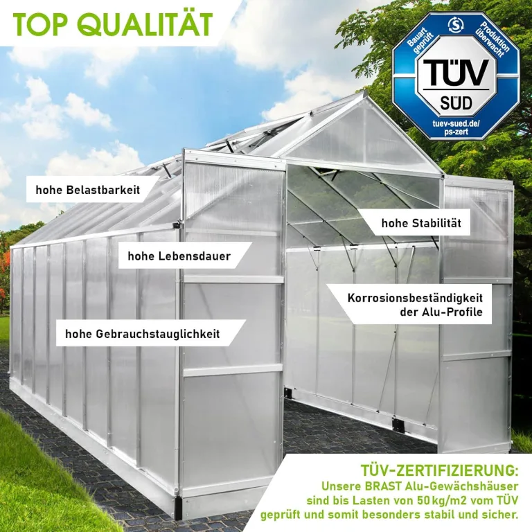 BRAST Gewächshaus Aluminium mit Fundament | 42 Modelle | 130x190x195cm - 490x250x235cm | TÜV geprüft | 6mm Hohlkammerplatten | rostfrei wetterfest temperaturbeständig | 490x250x235cm Silber – Bild 4