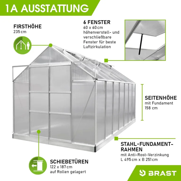 BRAST Gewächshaus Aluminium mit Fundament | 42 Modelle | 130x190x195cm - 490x250x235cm | TÜV geprüft | 6mm Hohlkammerplatten | rostfrei wetterfest temperaturbeständig | 490x250x235cm Silber – Bild 7